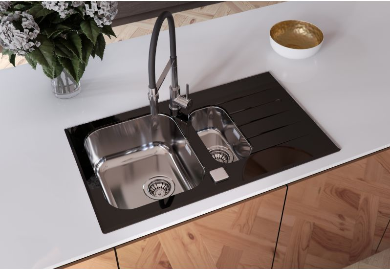 Детальное фото товара: ALVEUS GLASSIX 20 RAL9005-90, мойка, нержавеющая сталь/стекло, черный (в компл.с сифон 1077134)