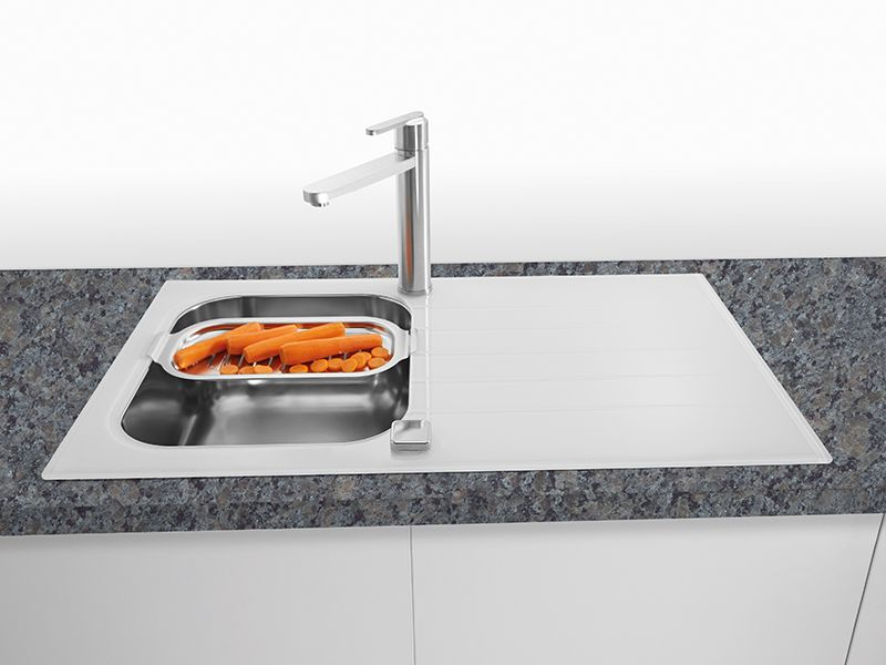 Детальное фото товара: ALVEUS GLASSIX 10 RAL9005-90, мойка, нержавеющая сталь/стекло, белый (в компл.с сифон 1127251)